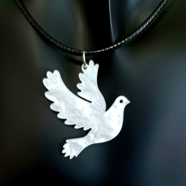 Laser Cut Dove Pendant, Flying Bird Necklace, Mother of Pearl Necklace, Dove Necklace, Holy Spirit Pendant, Religious Jewelry, Bird Pendant