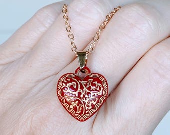 Vintage Red Heart Pendant Necklace: Gold Etched Acrylic Resin, 18-inch Chain