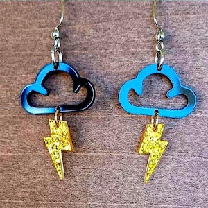 Lightning Bolt Earrings: Laser Cut Glitter, Acrylic Cloud Dangles