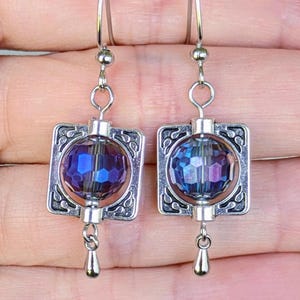 Vintage Style Crystal Dangle Earrings: Iridescent Purple Tibetan Silver