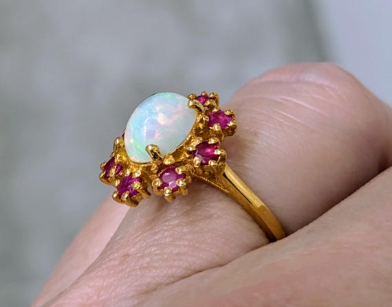 Vintage Sterling Silver Opal Ring: 14k Gold Plate… - image 7