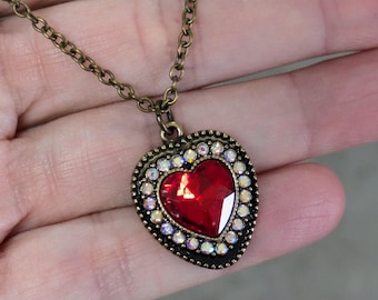 Ruby Heart Necklace: Red Crystal Pendant, Antique Brass Chain