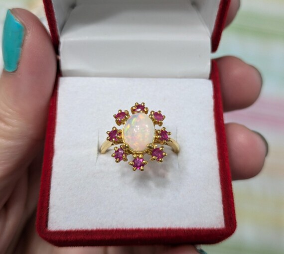 Vintage Sterling Silver Opal Ring: 14k Gold Plate… - image 6