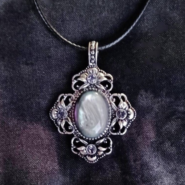 Antique Silver Victorian Pendant, Gothic Jewelry, Black Opal Necklace, Goth