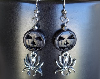 Black Jack-o-Lantern and Spider Earrings, Creepy Halloween Earrings, Black Pumpkin Earrings, Gothic Earrings, Insect Earrings, Birthday Gift