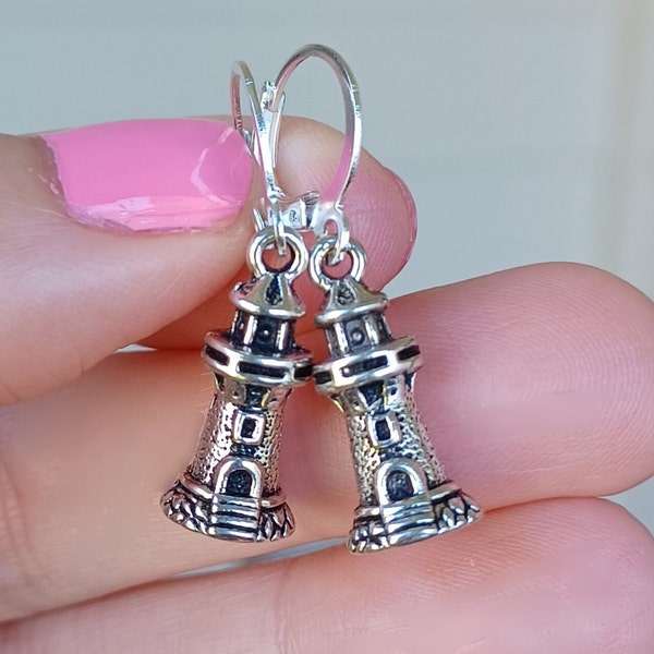 Silver Lighthouse Earrings, Nautical Earrings Dangle, Lighthouse Huggie Hoops