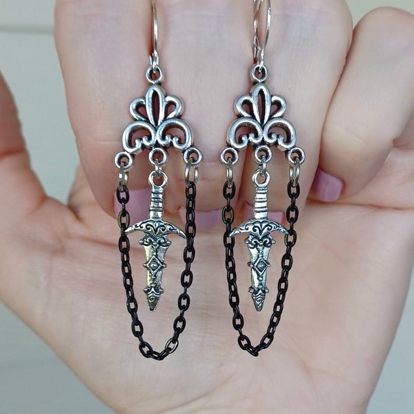 Gothic Chandelier Earrings, Victorian Goth Earrings, Romantic Goth, Huggie Earrings, Emo Earrings, Black Chain Earrings, Silver Dagger