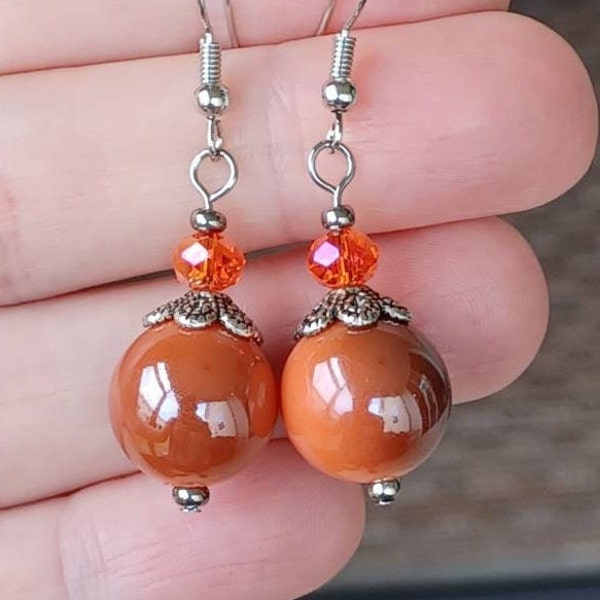 Orange Ball Earrings, Retro Dangle Earrings, Vintage Style Ball Earrings, Gift for Mom, Birthday Gift, Gift for Girlfriend, 60's Earrings