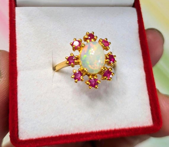 Vintage Sterling Silver Opal Ring: 14k Gold Plate… - image 3