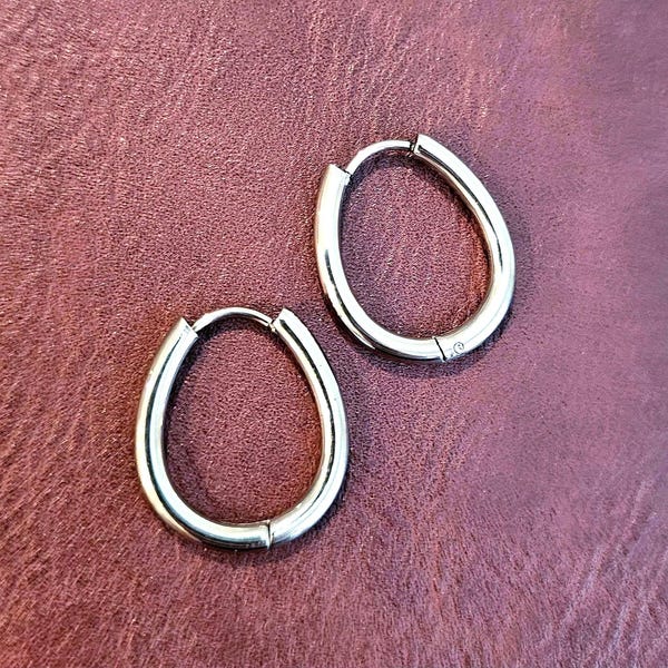 Silver Oval Hoop Earrings: Stainless Steel Everyday Earrings