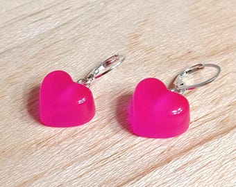 Pink Acrylic Heart Dangle Earrings: Silver Huggie Hoops
