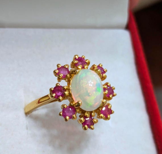 Vintage Sterling Silver Opal Ring: 14k Gold Plate… - image 2