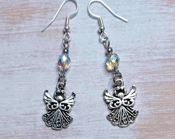 Silver Angel Dangle Earrings: Filigree Charm, Iridescent Crystal