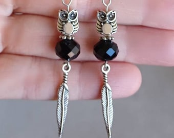 Long Owl Earrings, Owl and Feather Earrings, Southwestern Earrings, Mystical Jewelry, Birthday Gift, Gift for Woman, Owl Lover Gift