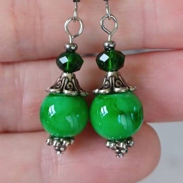 Vintage Ball Earrings, Antique Style Earrings, Green Ball Earrings, Victorian Earrings, Sparkly Green Earrings, Edwardian Earrings, Gift