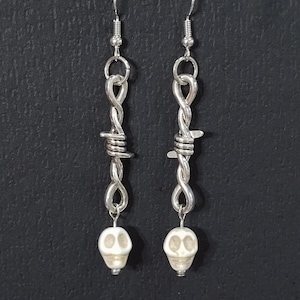 Skull Barbed Wire Dangle Earrings: Silver Alloy Goth Jewelry