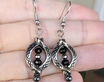 Gothic Serpent Earrings: Antique Silver Snake Frame with Black Crystals