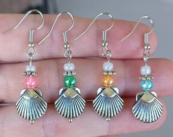 Silver Shell Earrings, Shell Dangle Earrings, Beachy Earrings, Ocean Earrings, Silver Scallop Shell, Beachcore Jewelry, Tropical Earrings