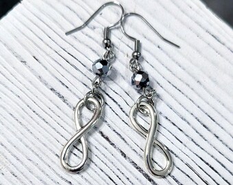 Silver Infinity Dangle Earrings: Crystal Accent, Boho Jewelry