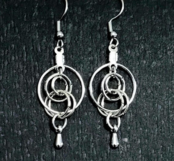 Chainmaille Dangle Earrings: Geometric Silver Alloy, Nickel-Free
