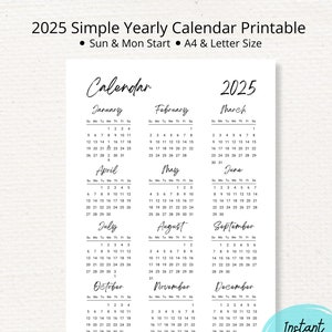 2025 Calendar, 2025 Yearly Calendar, 2025 Simple Yearly Calendar Monday & Sunday Start, A4 and Letter Size, PDF File
