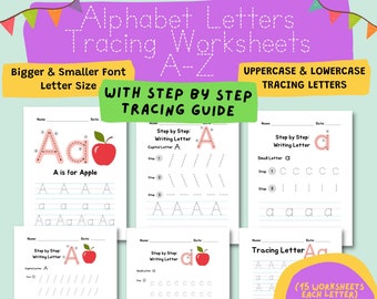 390 Pages Bundle Alphabet Letters Tracing A to Z Worksheets Printables, Tracing Worksheets, Practice Writing, Homeschool, Letter Tracing