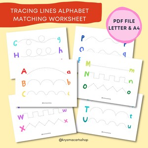 Prewriting Line Tracing Worksheets Printable, Alphabet Matching, Handwriting Practice, Digital Download, Kids Activity Sheets