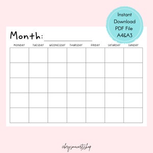 Blank Calendar Monday Start, Horizontal Printable, Simple Blank Calendar