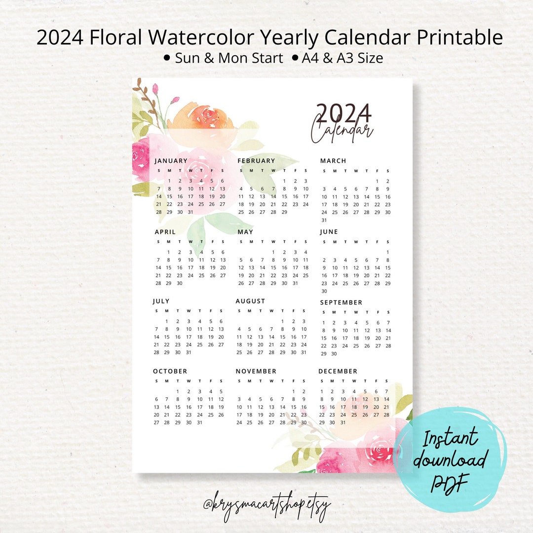 2024 Calendar, 2024 Yearly Calendar, 2024 Floral Watercolor Yearly Calendar Monday & Sunday ...