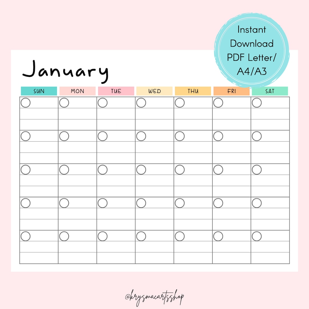 Monthly Blank Calendar Sunday-start, Horizontal Printable Calendar ...