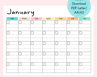 Monthly Blank Calendar Sunday-Start, Horizontal Printable Calendar Pages, PDF Printable, Instant Download, Colorful Calendar