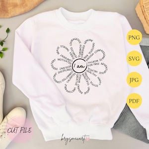 Palabras de afirmación SVG, "Estoy afirmando" SVG, Palabras de afirmación positiva SVG, Palabras motivadoras, Flor de margarita SVG, Palabras de afirmación PNG