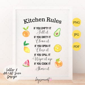 Küchen Regeln Zeichen Druckbare Kunst, Küchen Wand Dekor, Küche Wand Kunst, Küche Druck, Esszimmer Wand Kunst, Pdf, JPEG, PNG