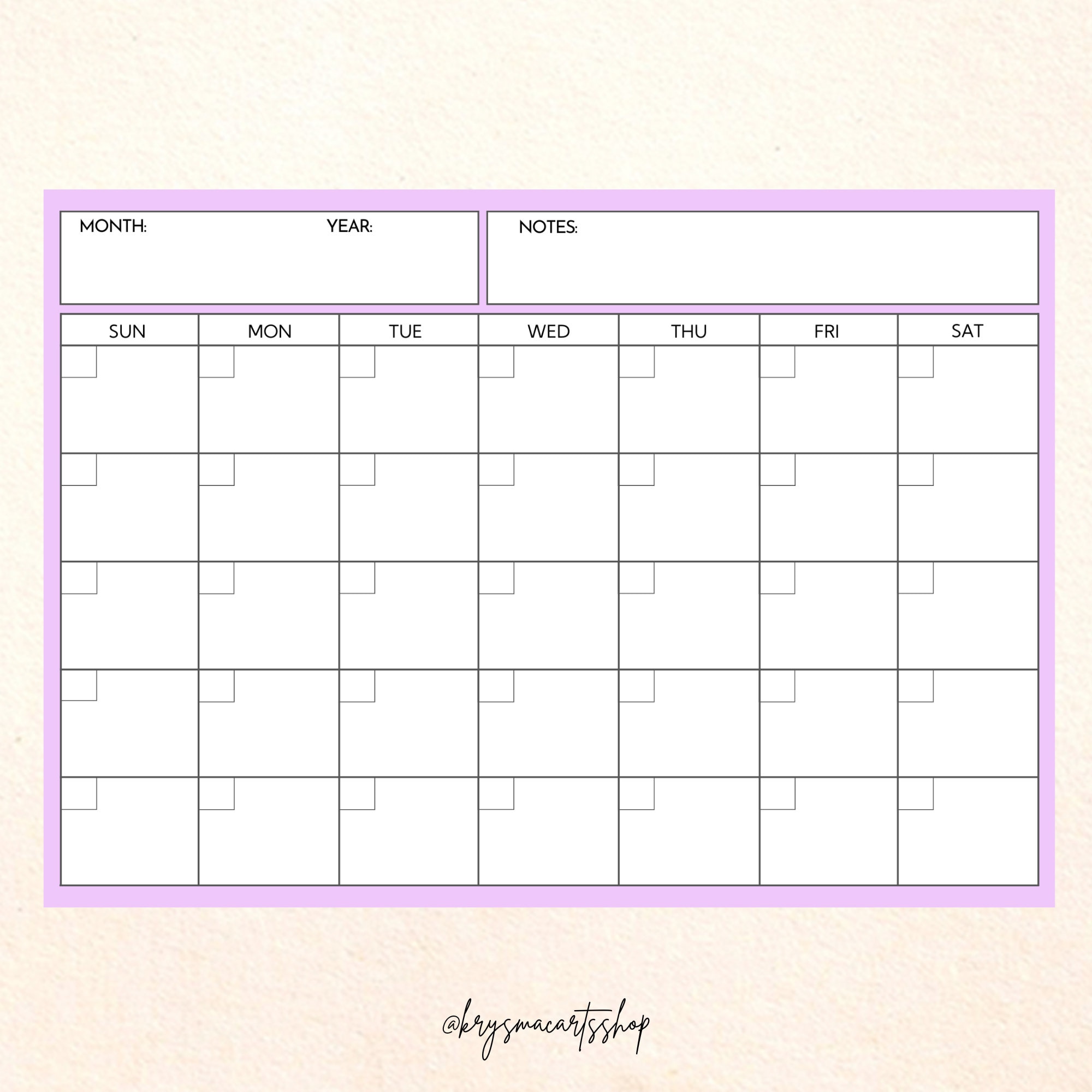 Blank Monthly Calendar, Sunday Start, Colorful Calendar Printable ...