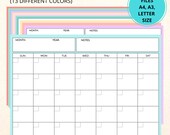 Blank Monthly Calendar, Sunday Start, Colorful Calendar Printable, Blank Calendar PDF, Calendar Template, Letter, A4 and A3 Size