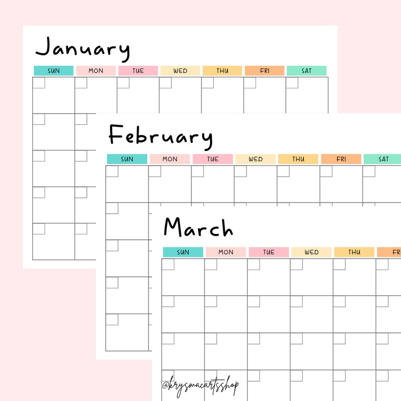 Monthly Blank Calendar Sunday start Horizontal Printable Calendar