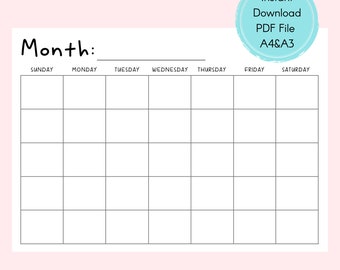 Blank Calendar Sunday Start, Horizontal Printable, Simple Blank Calendar