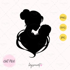 Könnte beinhalten: Eine schwarze Silhouette einer Mutter und eines Kindes in einer liebevollen Umarmung. Das Haar der Mutter ist zu einem Dutt gebunden, und das Kind wird eng gehalten. Das Bild enthält den Text "CUT FILE" und Dateitypoptionen: PNG, SVG und JPG.