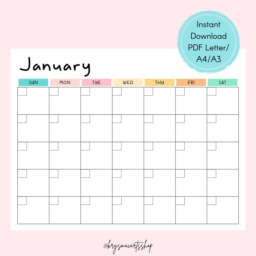 Monthly Blank Calendar Sunday-start, Horizontal Printable Calendar ...