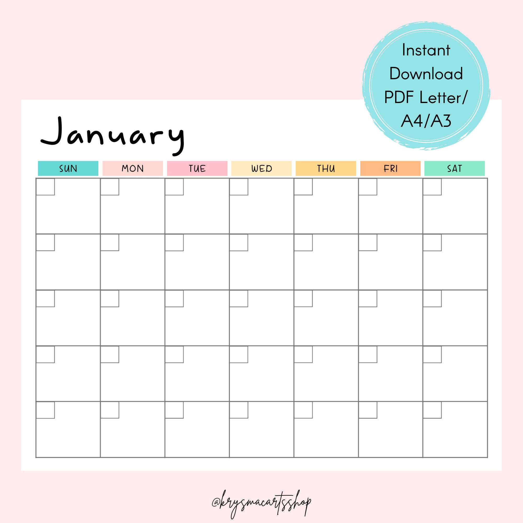 Monthly Blank Calendar Sunday-start, Horizontal Printable Calendar Pages, PDF  Printable, Instant Download, Colorful Calendar - Etsy