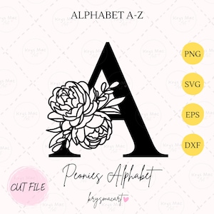 Monograma de alfabeto floral com peônias SVG, monograma de flores SVG, gráfico de letras florais, conjunto de alfabetos, arquivo de corte SVG, PNG, DXF, EPS