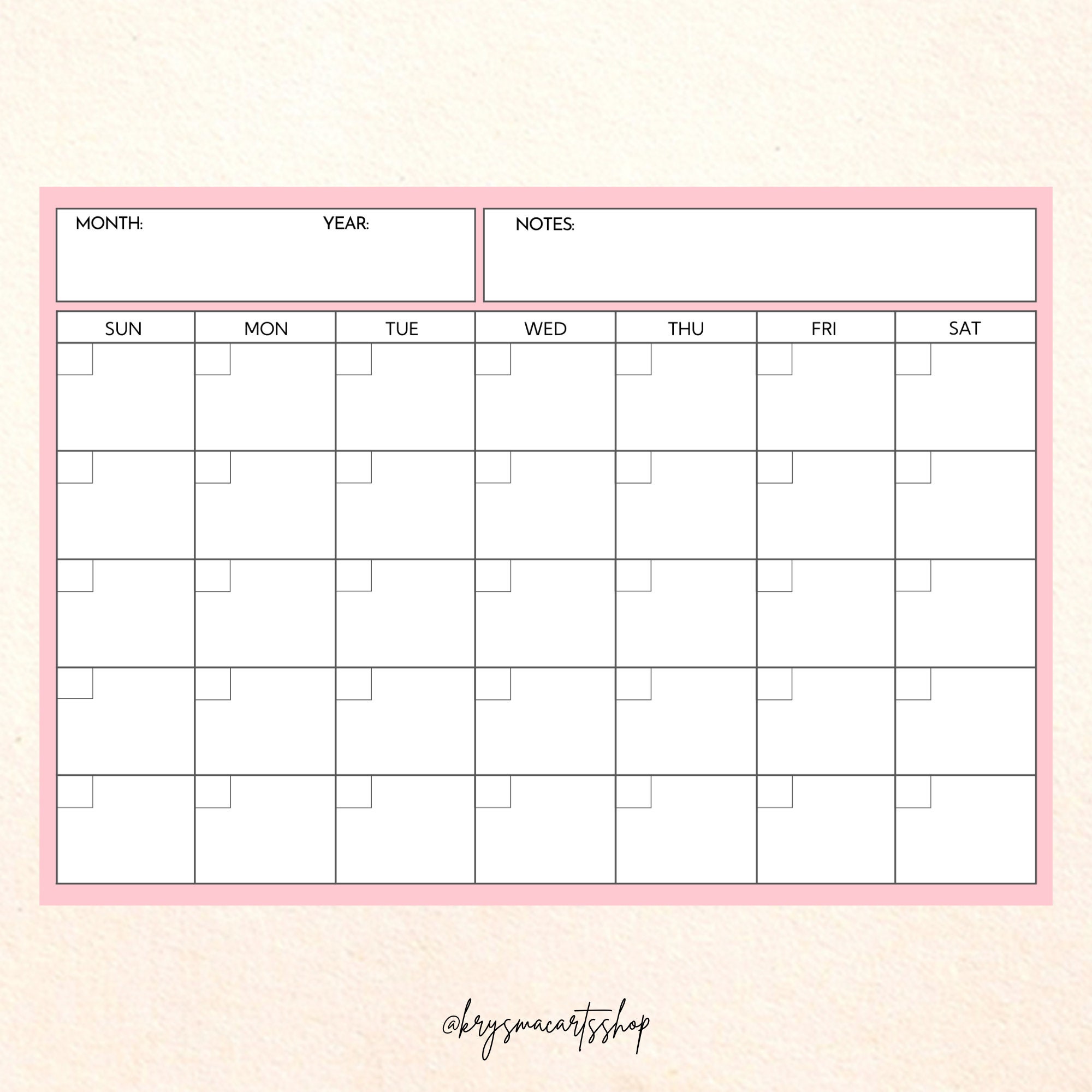 Blank Monthly Calendar, Sunday Start, Colorful Calendar Printable ...