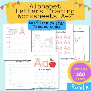 260 Pages Bundle Alphabet Letters Tracing A to Z Worksheets Printables, Tracing Worksheets, Practice Writing, Homeschool, Letter Tracing