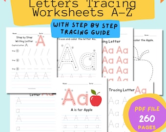 260 Pages Bundle Alphabet Letters Tracing A to Z Worksheets Printables, Tracing Worksheets, Practice Writing, Homeschool, Letter Tracing