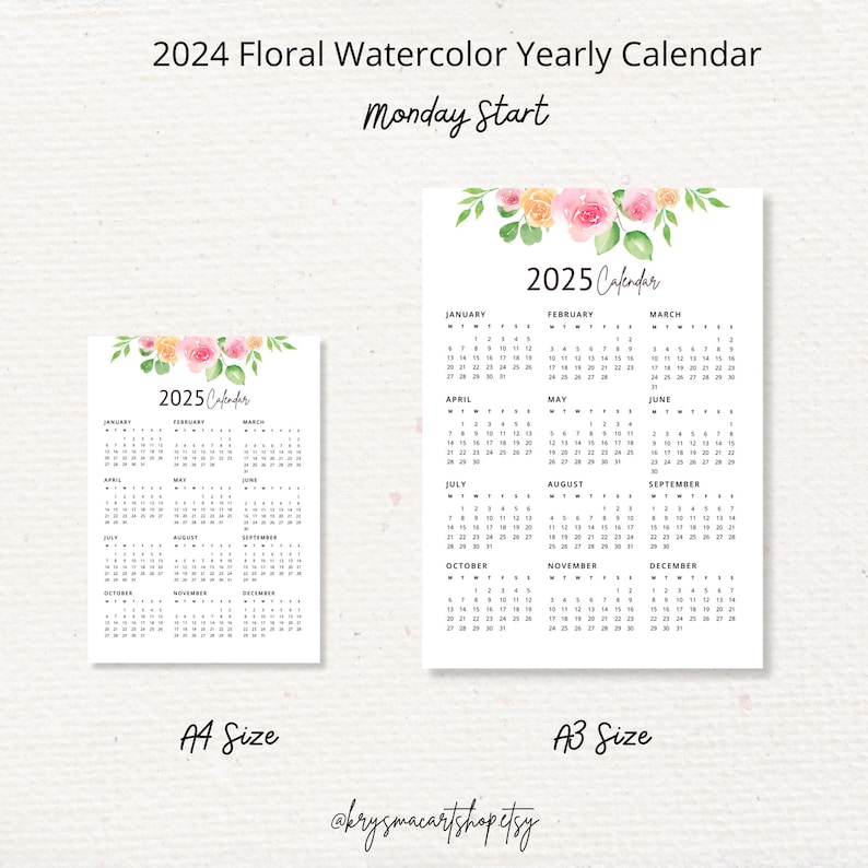2025 Calendar, 2025 Yearly Calendar, 2025 Floral Watercolor Yearly Calendar Monday & Sunday