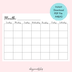 Blank Calendar Sunday Start, Horizontal Printable, Digital Download, Instant Download