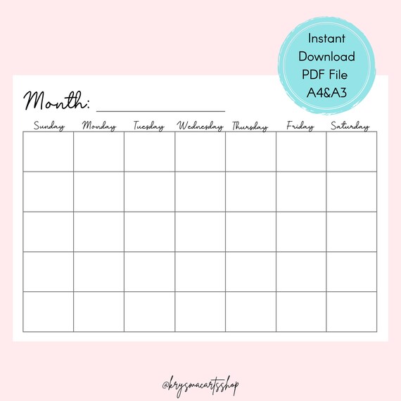 Blank Calendar Sunday Start, Horizontal Printable, Digital Download, Instant Download - Etsy