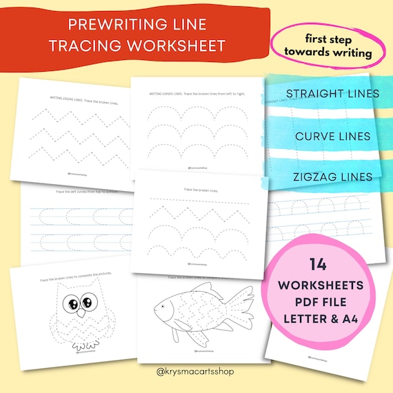 prewriting line tracing worksheets printable kids activity etsy