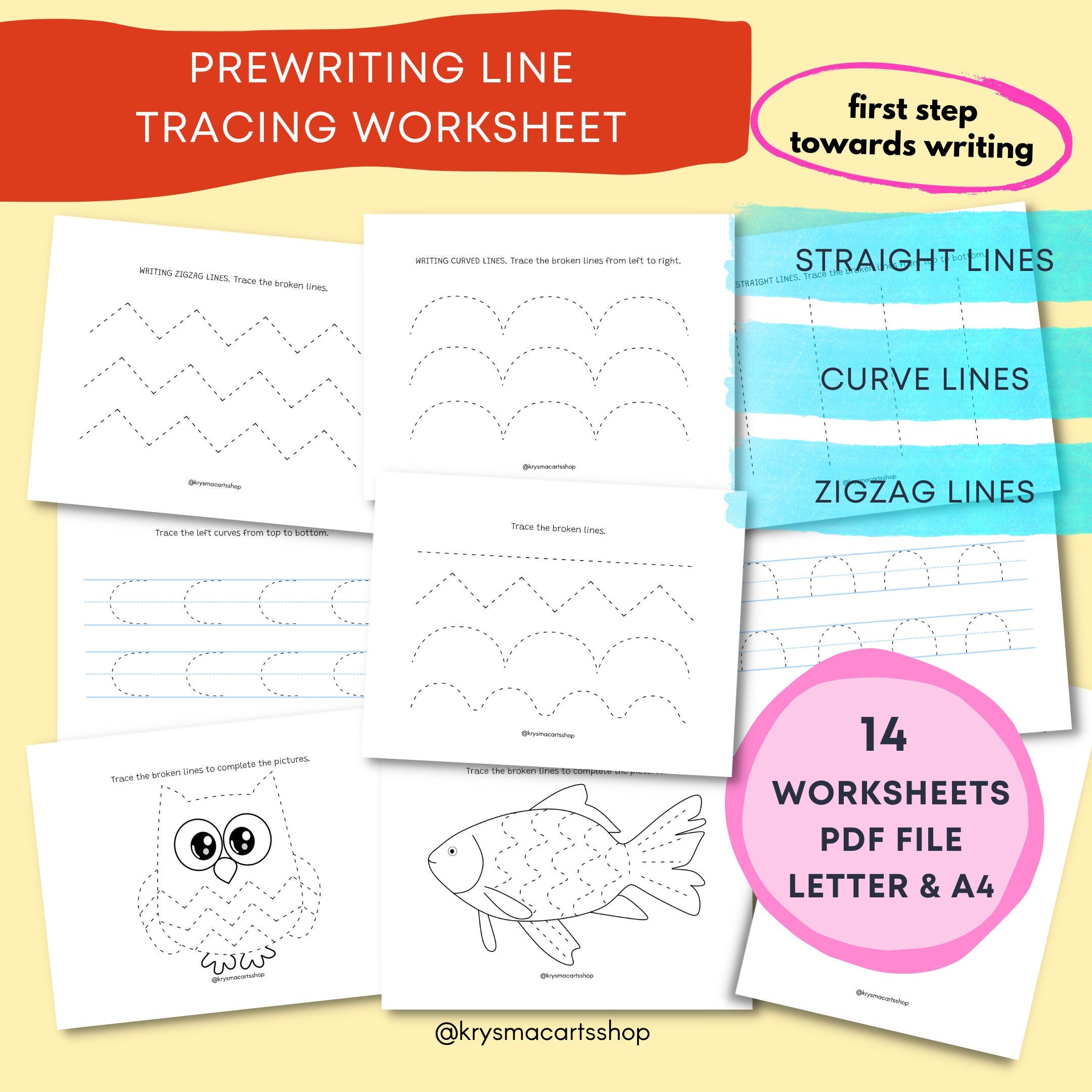 prewriting line tracing worksheets printable kids activity etsy