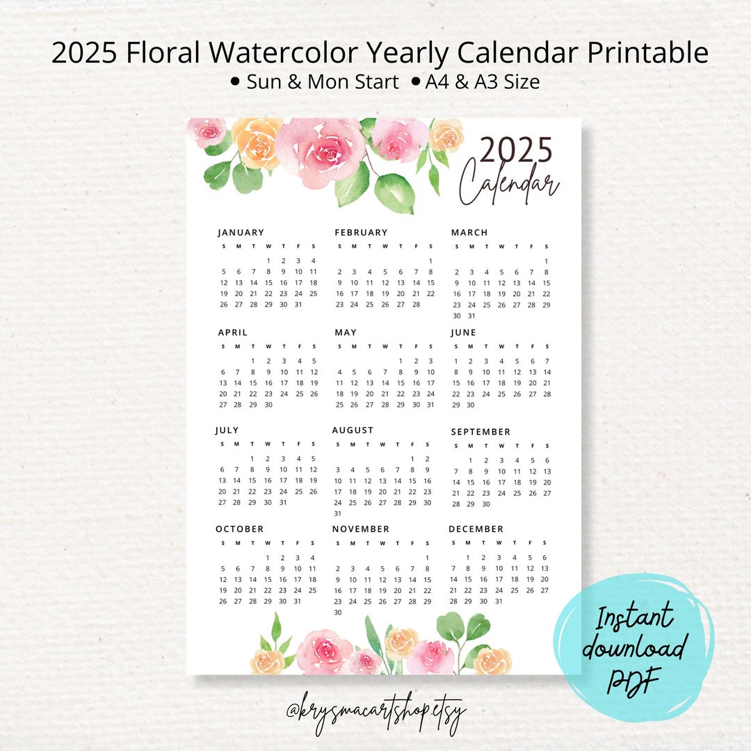 2025 Calendar, 2025 Yearly Calendar, 2025 Floral Watercolor Yearly
